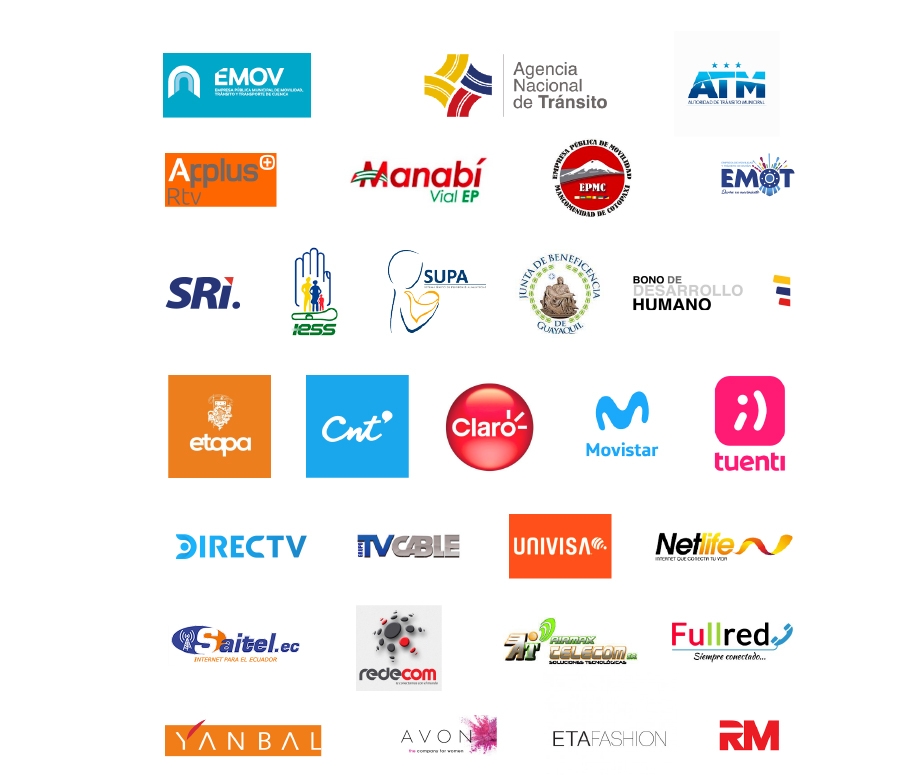 EMOV, ANT, ATM, APPLUS RTV, MANABI VIAL EP, EMOT, SRI, IESS, SUPA, BONO DEL DESARROLLO HUMANO, ETAPA, CNT, CLARO, MOVISTAR, TUENTI, DIRECTV, TVCABLE, UNIVISA, NETLIFE, SAITEL, REDECOM, AT CELECOM, FULLRED, YAMBAL, AVON, ETAFASHION, RM